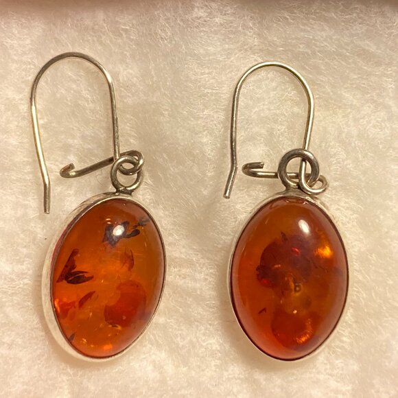 Vintage Sterling Silver Amber Cabochon Handmade Earrings - Picture 1 of 2